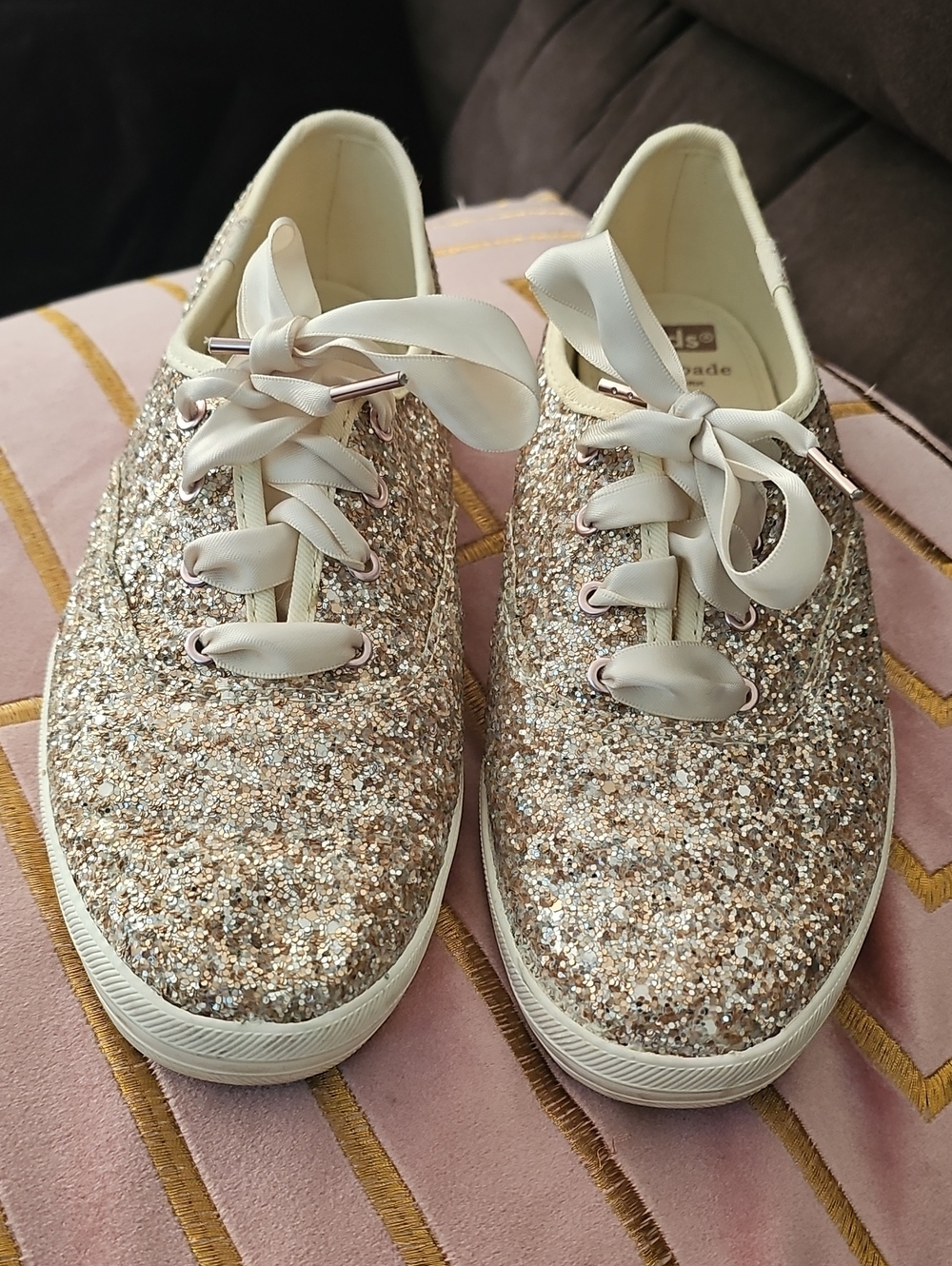 kate spade Glitter Ribbon-Lace Sneakers in Champagne
